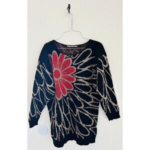 Vintage Red Daisy Flower Black & Gold Sparkle Holiday Sweater Pullover Sz M